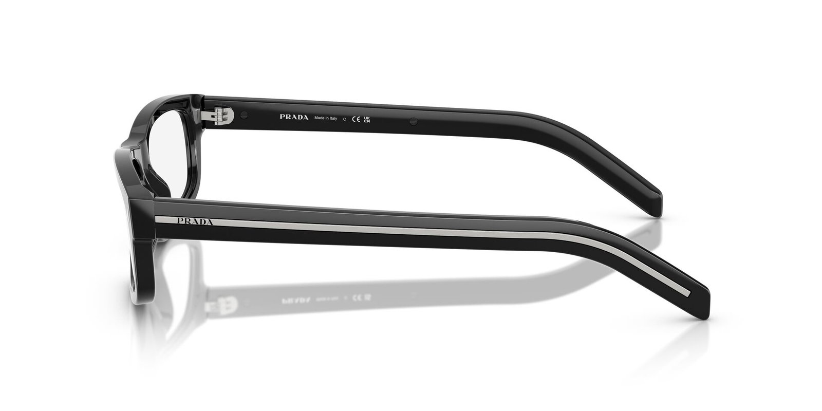 Das Bild zeigt die Bügel die Prada Brille B02V in Schwarz